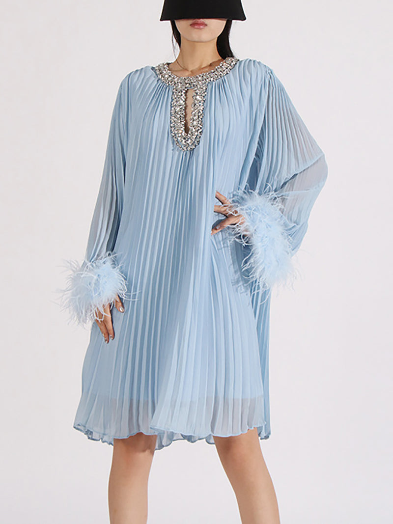 Round Neck Nail Bead Feather Cuffs Pleated Dress