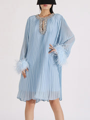 Round Neck Nail Bead Feather Cuffs Pleated Dress