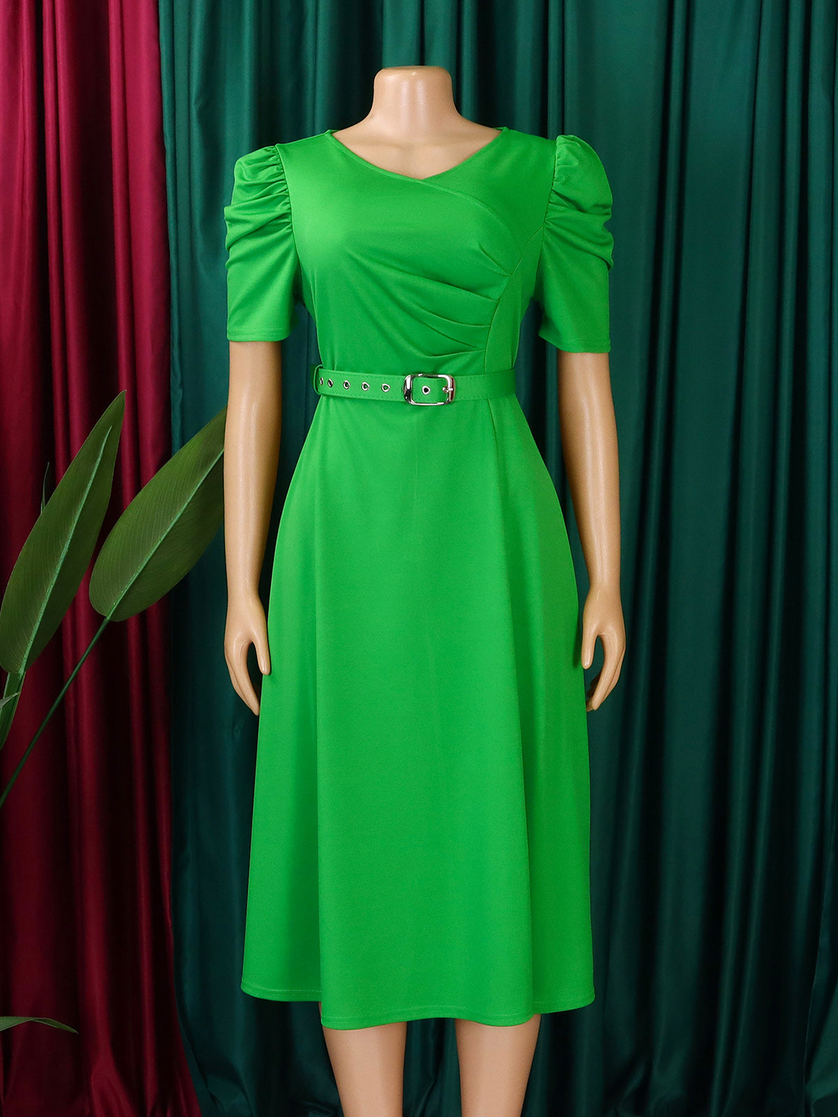 Casual V-neck High Waist Pleated Hem Midi Dress