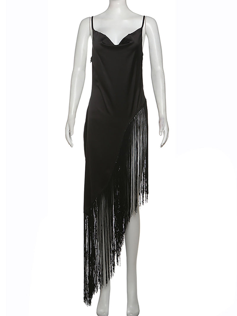 Sexy Spaghetti Strap Slit Tassels Midi Dress