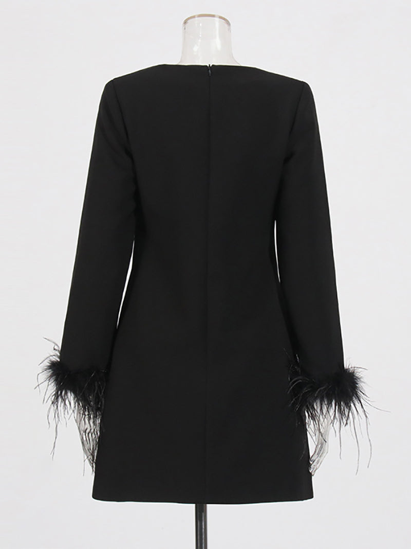 Fashion V Neck Long Sleeve Feather Mini Loose Dress