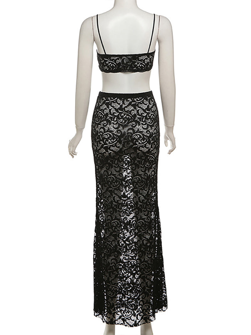 Sexy Lace See Through Hollow High Waist Maxi Skirt Set