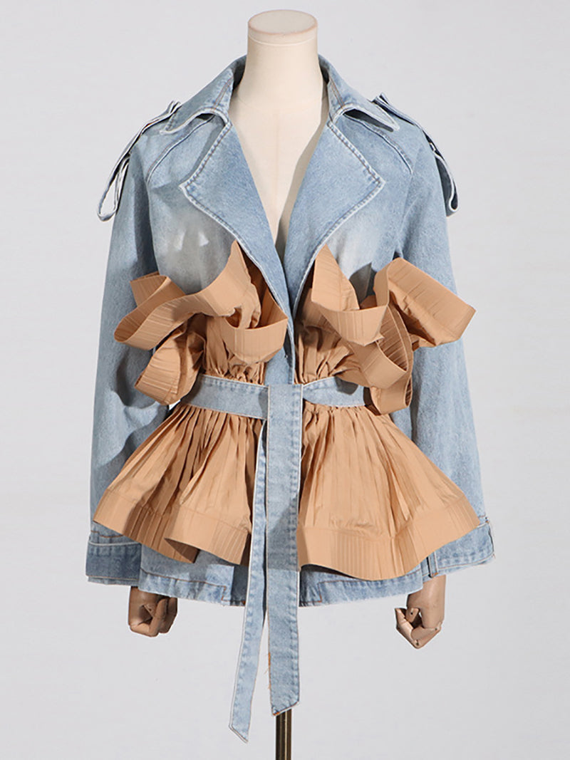 Ruffle Pleated Denim Lace-Up Jacket