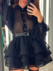 Fashion Polka Dot See through Ruffle Hem Belted Dress