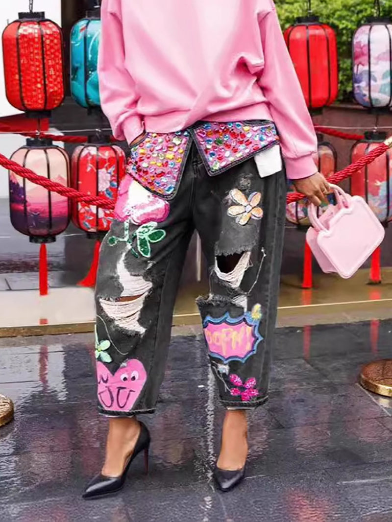 Fashion High Waist Rhinestone Print Ripped Jeans