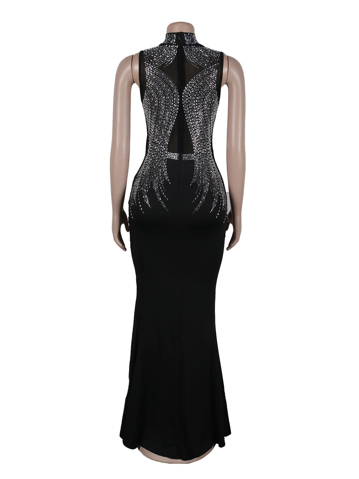 Mesh Rhinestone Sleeveless Evening Party Maxi Dress