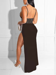 Shiny Rhinestone Embellished High Split Maxi Dress