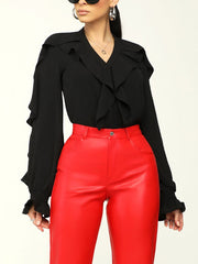 Solid Color Irregular Ruffle Long Sleeve Blouse