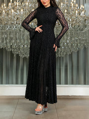 Fashion Glisten Lace See through Pleated Maxi Dress