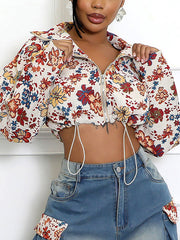 Fashion Floral Print Drawstring Cropped Jacket