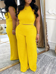 Casual Ribbed Crop Vest And Straight Pants Two Pieces Set
