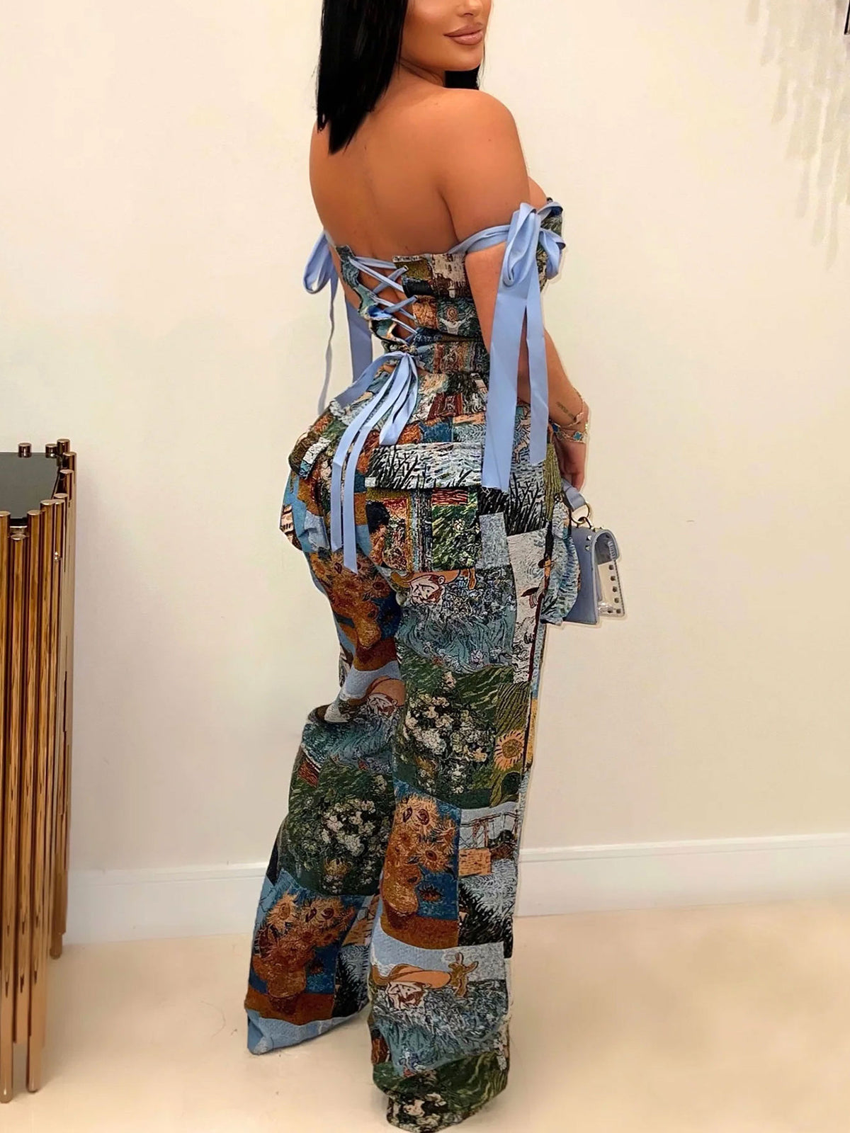 Sexy Print Off Shoulder Tie-wrap Pant Sets