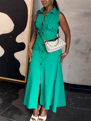Lapel Sleeveless High Waist Cardigan Midi Dress