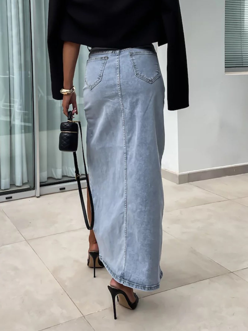 High Waist Irregular Denim Midi Skirt