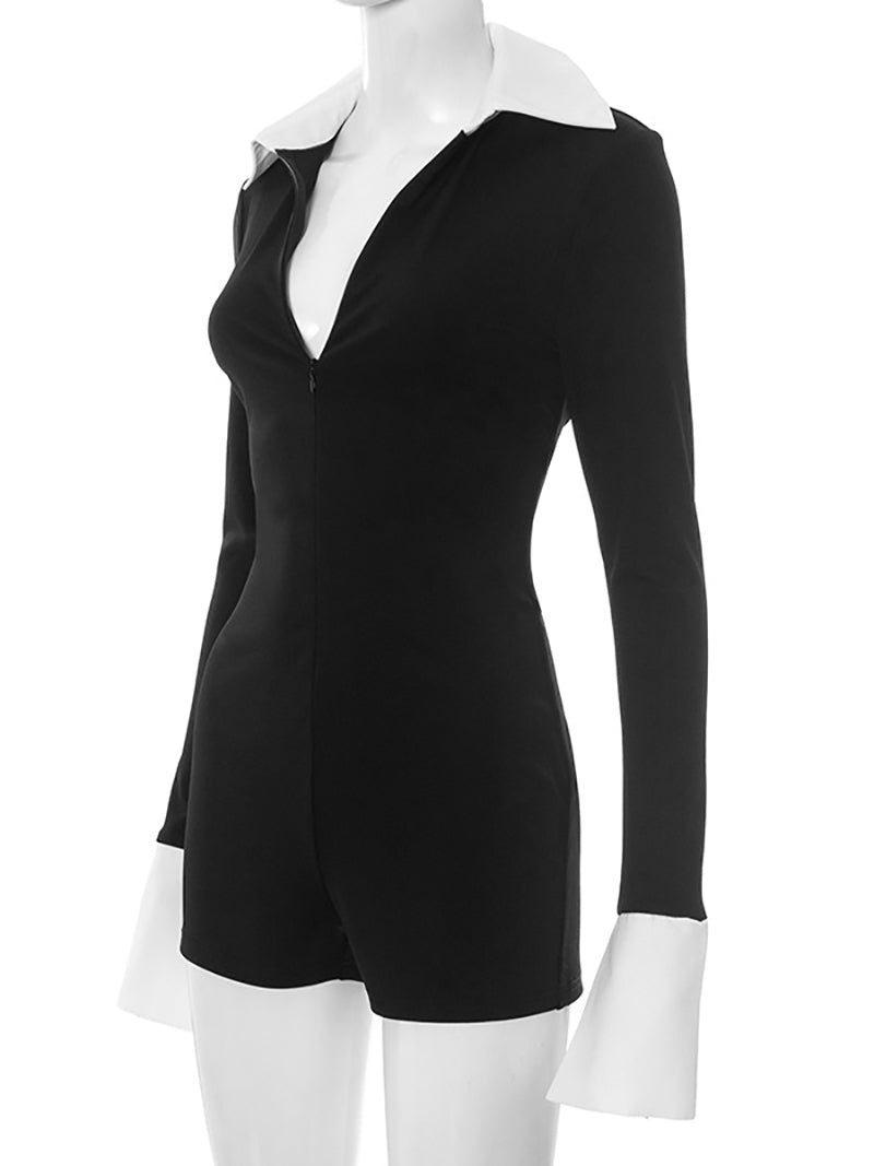 Casual Zipper Turndown Collar Skinny Romper
