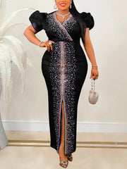 V Neck Rhinestone Puff Sleeves Bodycon Slit Dress
