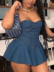 Patchwork Strapless Pleated Hem Tube Denim Dress
