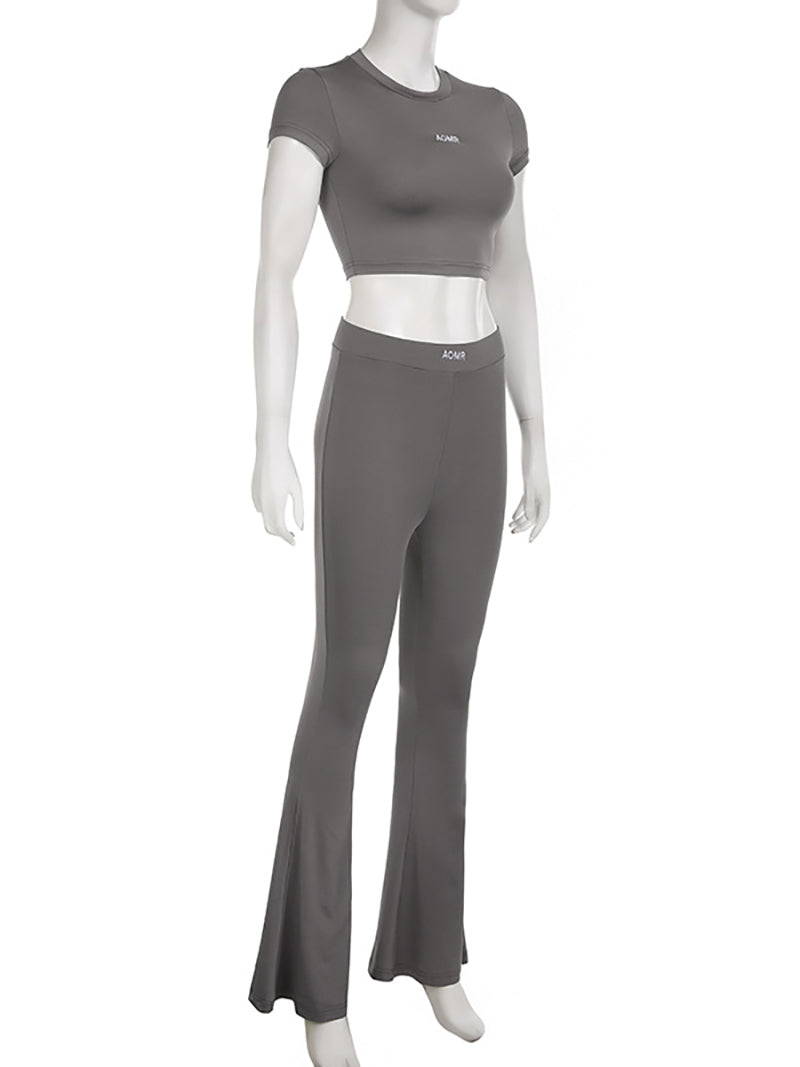 Solid Color Crop Top And Flare Pants Two-Piece Set
