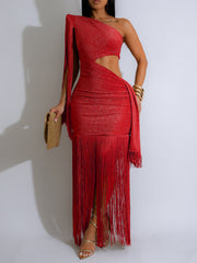 Stylish Asymmetric One Shoulder Fringe Maxi Dress