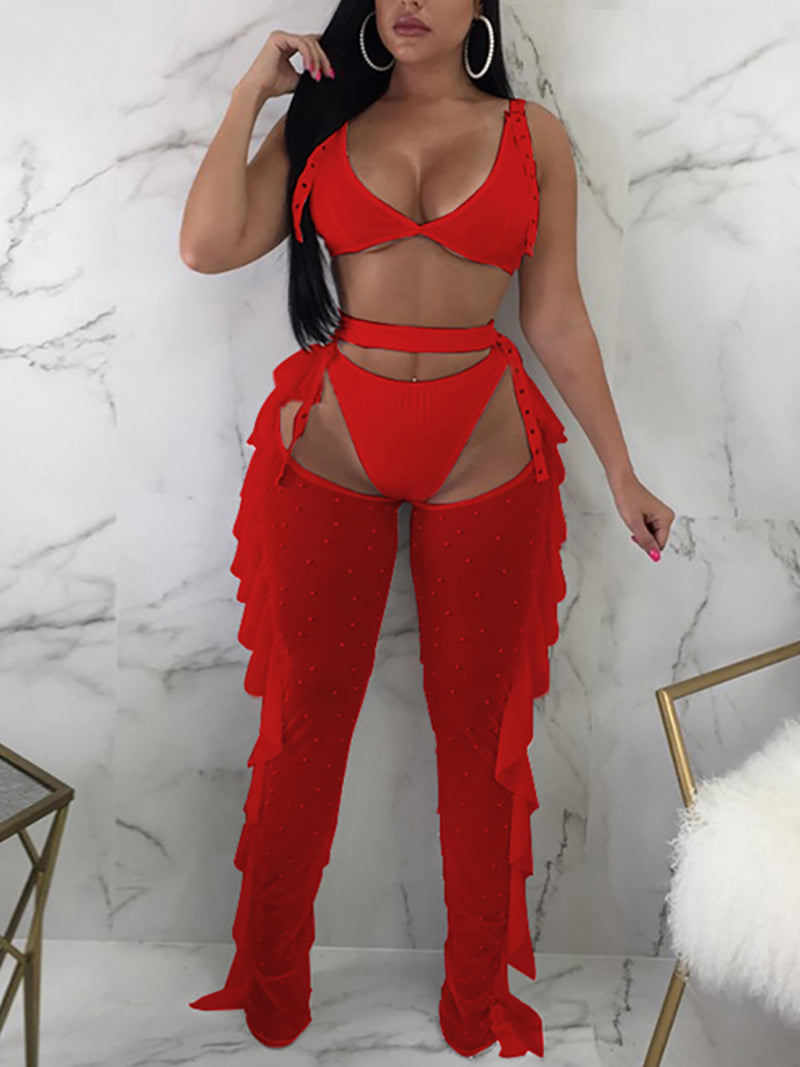 Mesh See Through Crop Top Ruffle Pants Two Piece Set