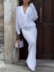 Elegant Slim Knit Hollow Out Cardigan Long Skirts Sets