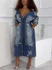 Fashion Cross Embroidered Long Denim Jacket