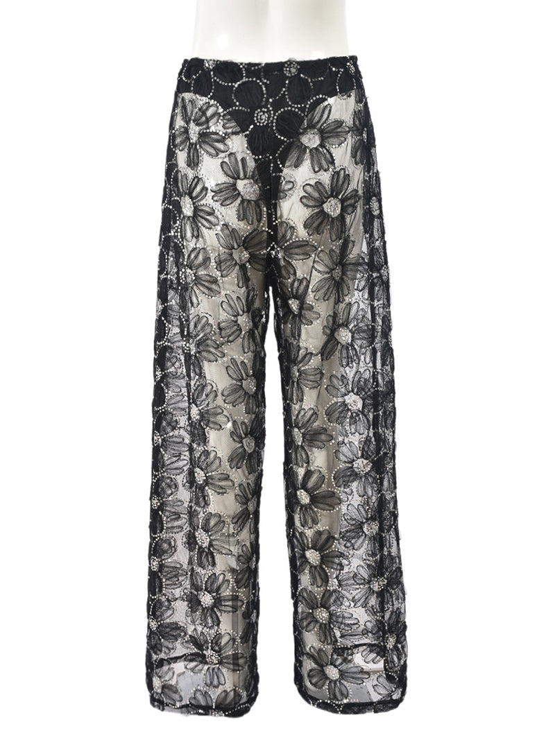 Sexy Mesh Floral See Through Sequins Pants