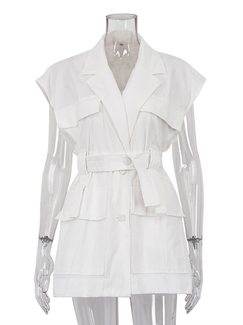 Casual Button V Neck Belted Sleeveless Top