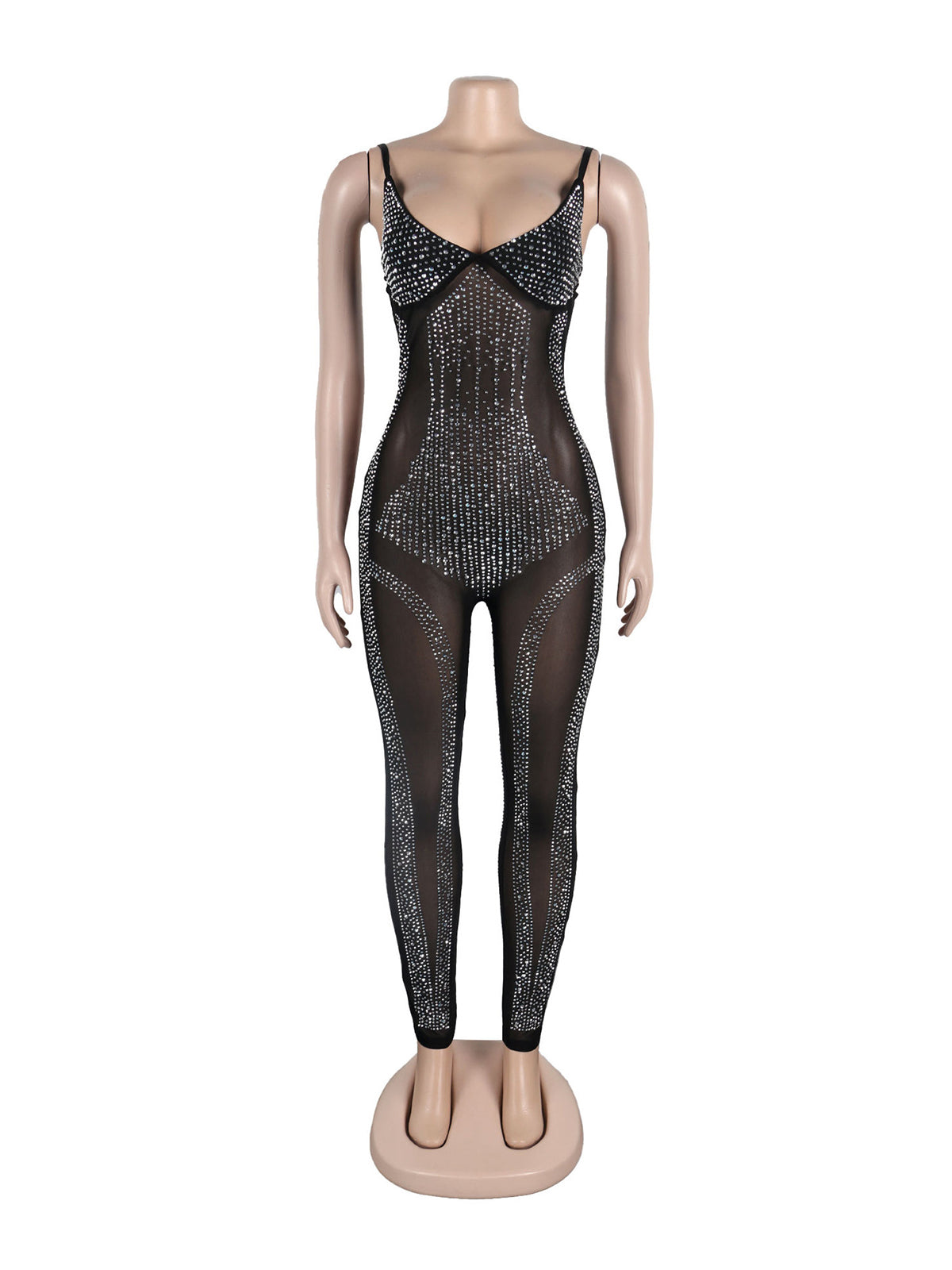 Rhinestone Studded See-Through Sexy Jumpsuit