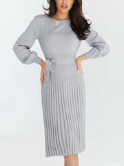 Fashion Round Neck Knit Pleated Sweater Dress