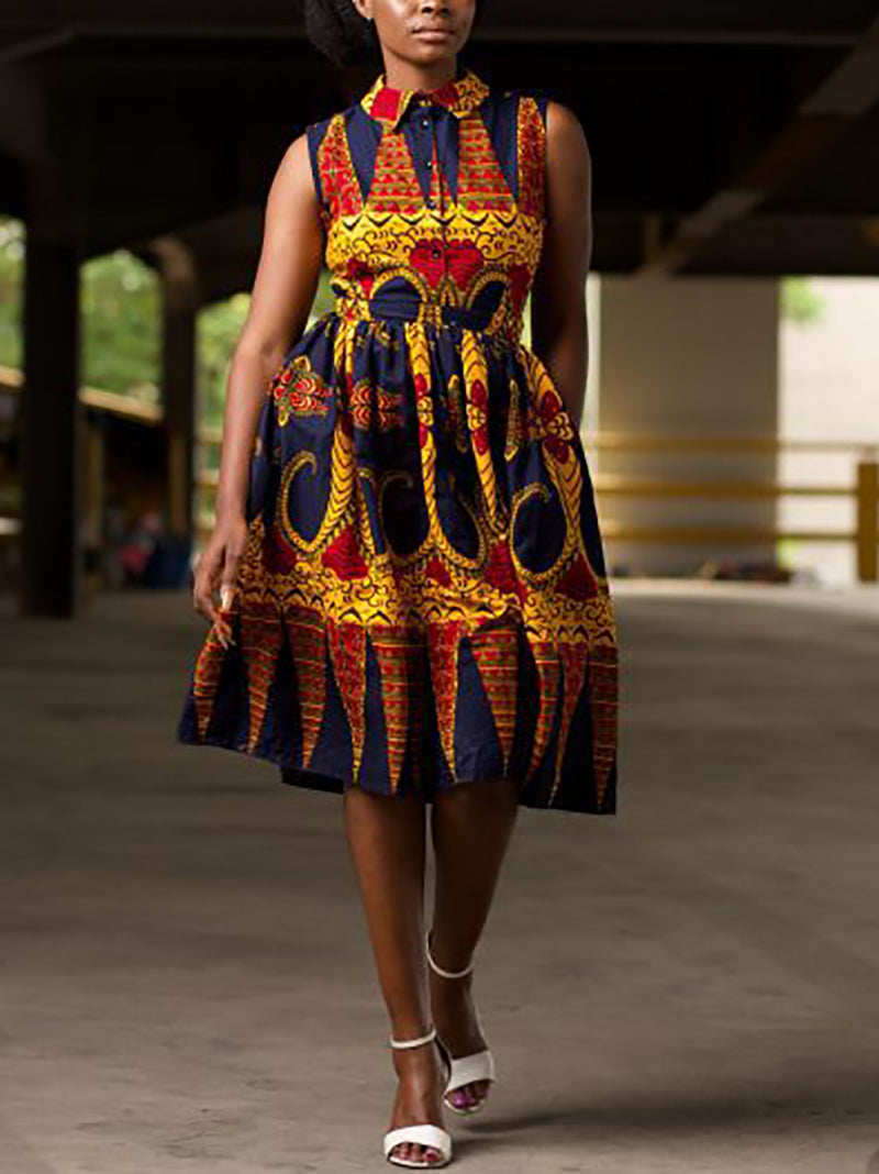 Casual Print Sleeveless Lapel Midi Dress