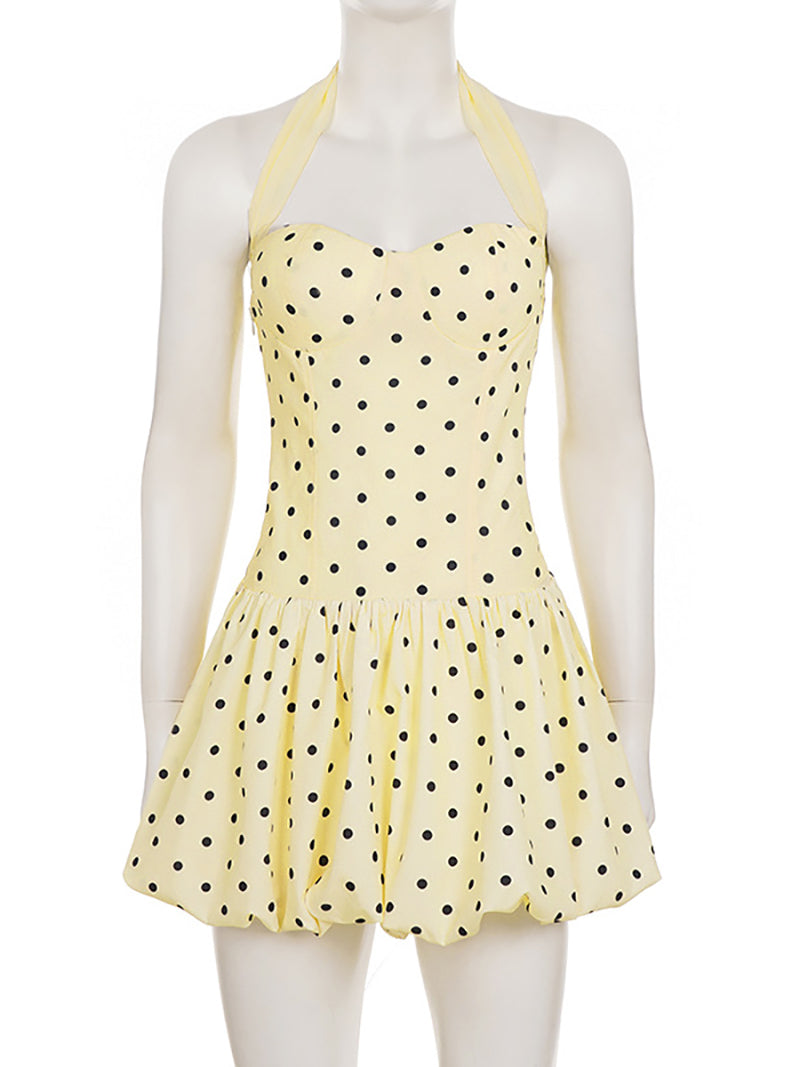 Sexy Halter Polka Dot Ribbon Bubble Mini Dress