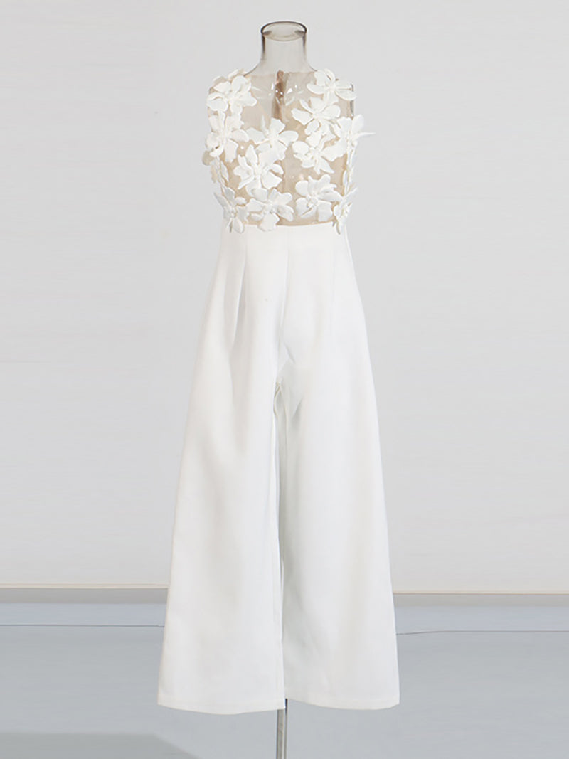 Floral Embellished Mesh See-through Wide Leg Jumpsuit