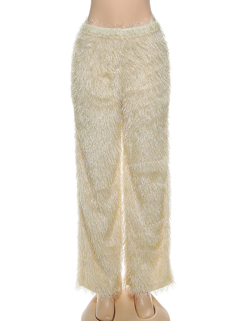 Casual Fluffy Mid Waist Straight Trousers