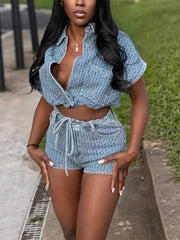 Casual Denim Lapel Short-Sleeve Crop Top Short Pants Sets