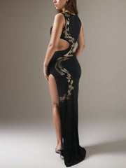 Hollow Snake Shaped Rhinestone Split Hip Dress