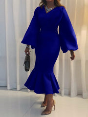 跨境女装2026春新款欧美时尚大码V领长袖性感鱼尾裙外贸连衣裙