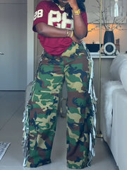 Casual Camo Side-Fringe Wide Leg Pants