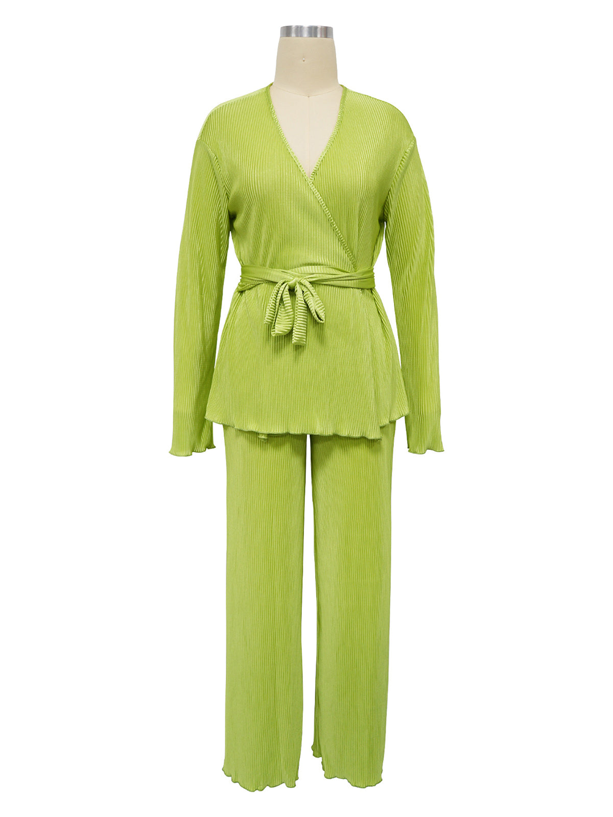 V-Neck Lace-up Pleated Top Loose Pants Casual Set