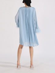 Round Neck Nail Bead Feather Cuffs Pleated Dress