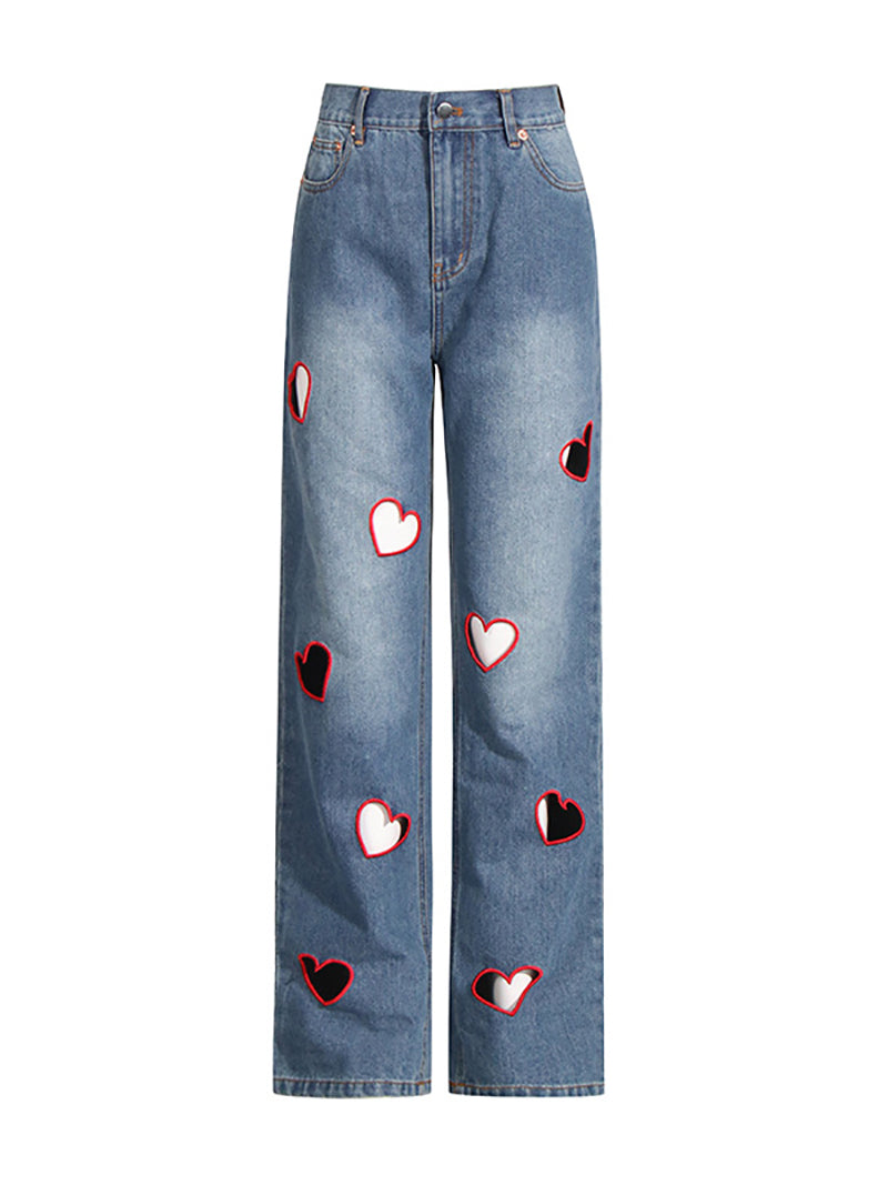 Fashion Embroidered Heart Cutout Jean