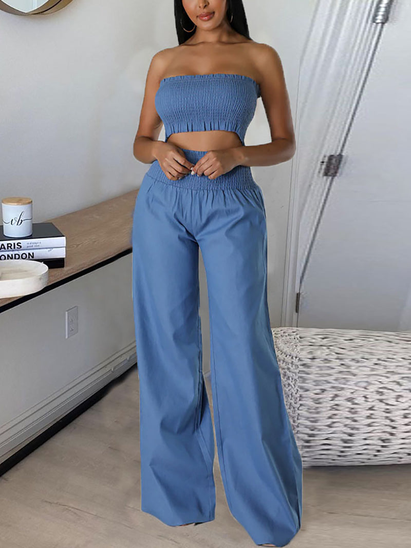 Solid Color Elastic Crop Top Slim Pants Sets