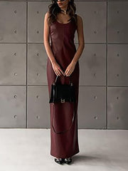 PU Patchwork Split Hem Sleeveless Maxi Dress