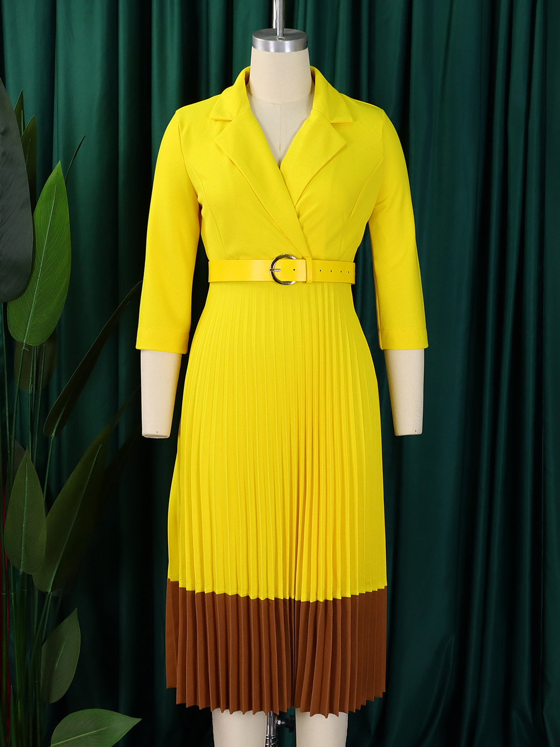 Fashion Slim Two-Tone Belted Pleated Dress