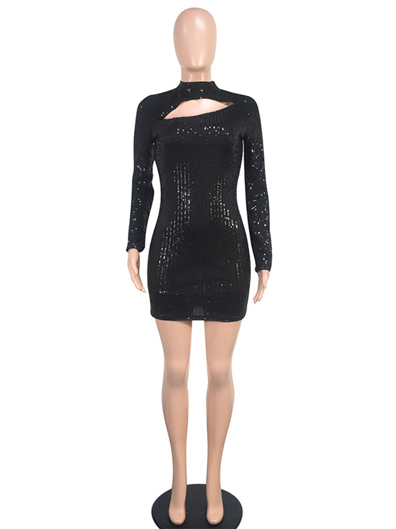 Sequins O Neck Hollow Out Bodycon Mini Dress