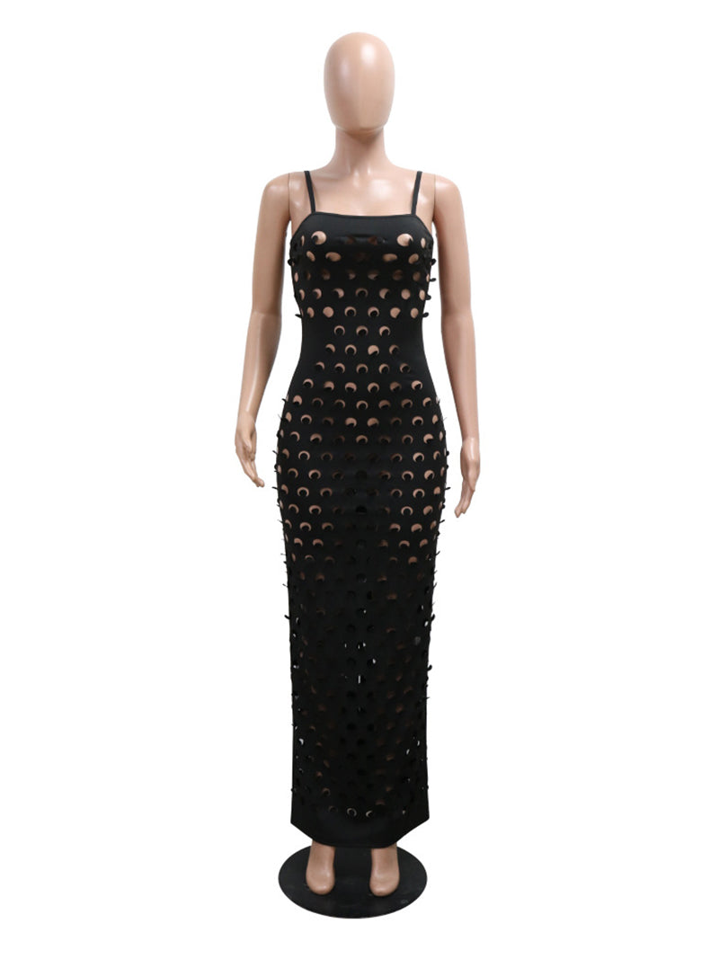 Hollow-out Spaghetti Straps Black Maxi Dress