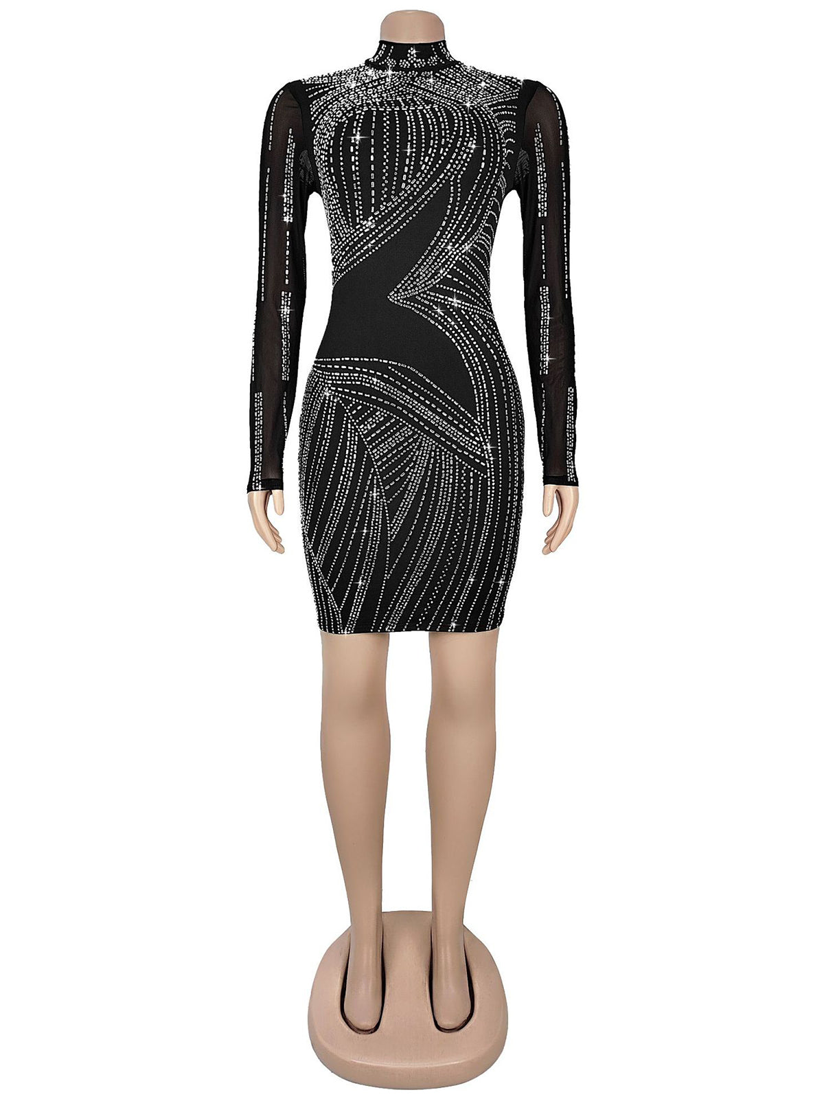 Sexy Rhinestone Mesh See Through Mini Dress