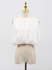 Fashion Round Collar Sleeveless Tulle Pleated Shirt