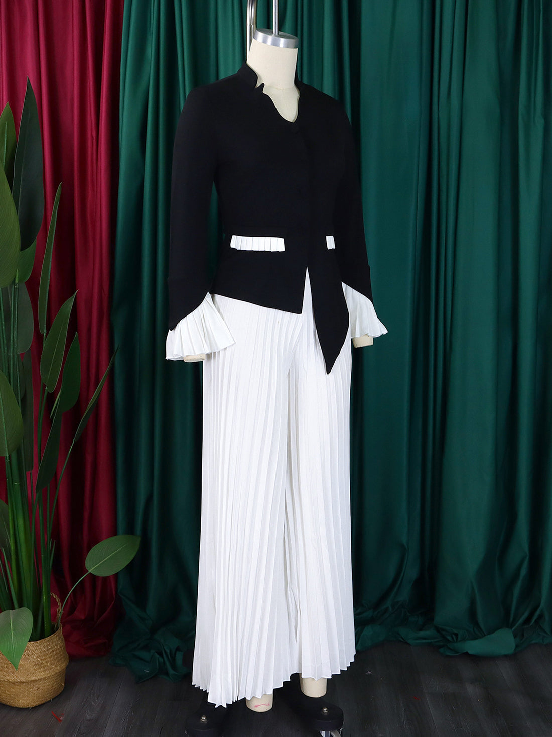 Casual V-neck Asymmetry Top Pleated Wide Leg Pants Set