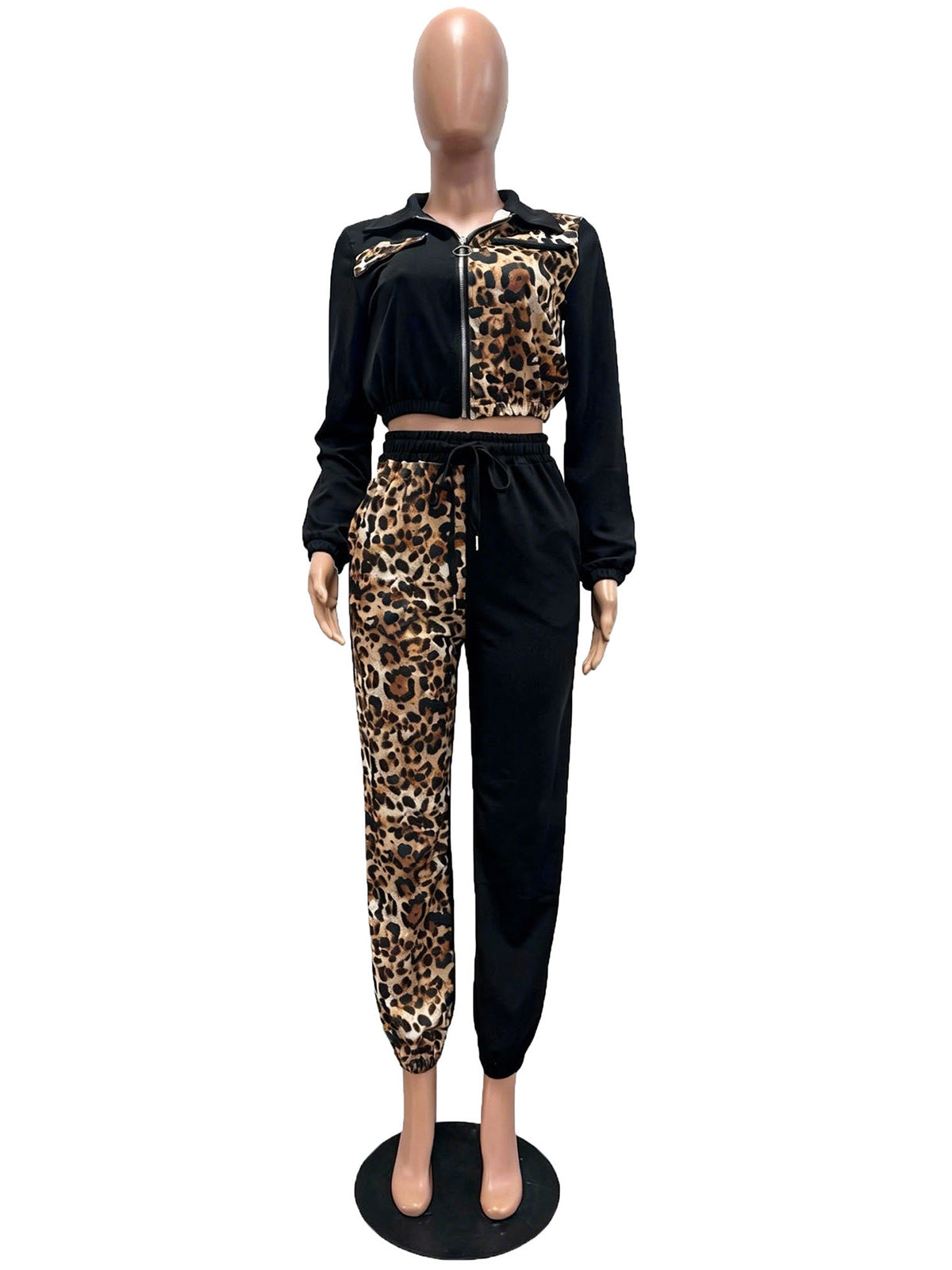 Fashion Leopard Print Patchwork Long Sleeve Jogger Set